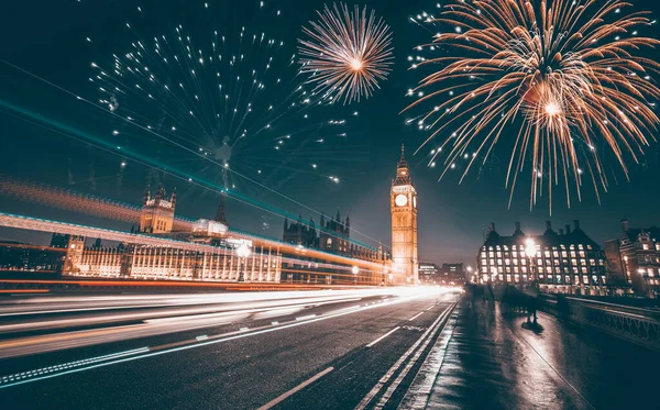 Big Ben Mit Feuerwerk Neujahrsfeier House Parliament London Großbritannien — Stockfoto
