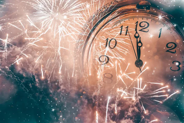 New Year Midnight Old Clock Fireworks Holiday Lights — Stock Photo, Image