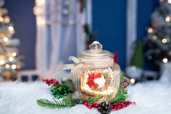 Natal Estilo Temperamental Fundo Com Frasco Doces Decoração Natal Luzes — Fotografia de Stock