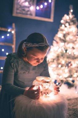 Elinde ev yapımı zencefilli kurabiyelerle şeker kavanozu tutan genç bir kız. Arka planda Noel ışıkları.