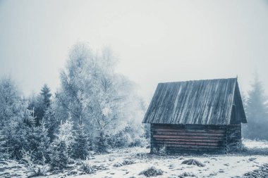 Karlı dağlarda ahşap evle muhteşem kış manzarası. Noel tatili ve kış tatili konsepti