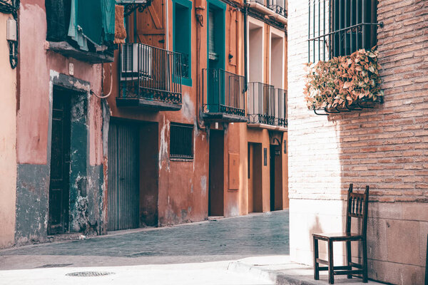 Detail of the old traditional houses and buildings of the historic center of the city of Huesca, Spain
