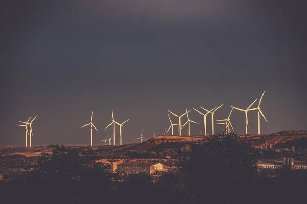 Aligned Windmills Renowable Electric Production Sunset Spain — Stok fotoğraf