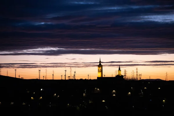 Silhouette Aligned Windmills Renowable Electric Production Sunset Spain — стоковое фото