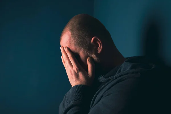 Sad Man Sitting Dark Room Depression Anxiety Concept — Stock Photo, Image