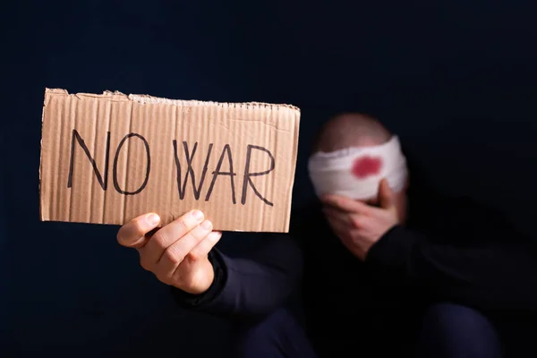 Wounded Man Holding Placard War Text Stop War Russian Aggression — Stock Photo, Image