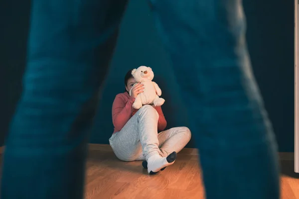 Child Abuse Domestic Violence Concept Mistreated Little Girl Sitting Floor — Stock Photo, Image