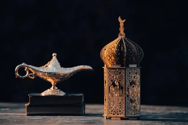 Ramadán Kareem Antecedentes Aladdin Lapm Corán Linterna Árabe Ornamental Que — Foto de Stock