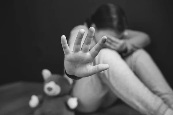 Child Violence Abused Concept Little Girl Sitting Dark Room Showing — Stock Photo, Image