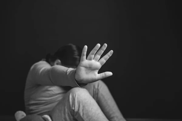 Child Violence Abused Concept Little Girl Sitting Dark Room Showing — Stock Photo, Image