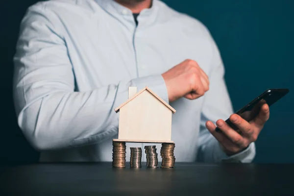Businessman House Model Piles Coins Realtor Mortgage Saving Money Home — Stock Photo, Image
