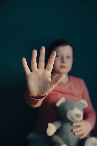 Child Violence Abused Concept Little Girl Sitting Dark Room Showing — Stock Photo, Image