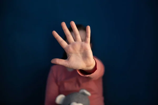 Child Violence Abused Concept Little Girl Sitting Dark Room Showing — Stock Photo, Image