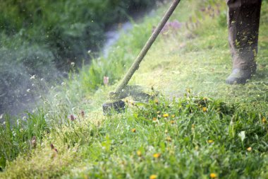 Çim biçme makinesiyle çimleri biçmek. Bahçe işleri konsepti.