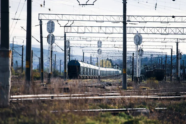Industrial Landscape Railroad Blue Sky Dramatic Clouds Railway Junction Heavy — Stockfoto