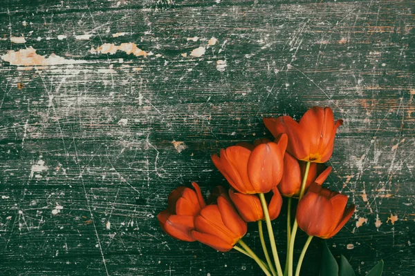 Tulpen Houten Achtergrond Met Ruimte Voor Bericht Moederdag Achtergrond Bovenaanzicht — Stockfoto