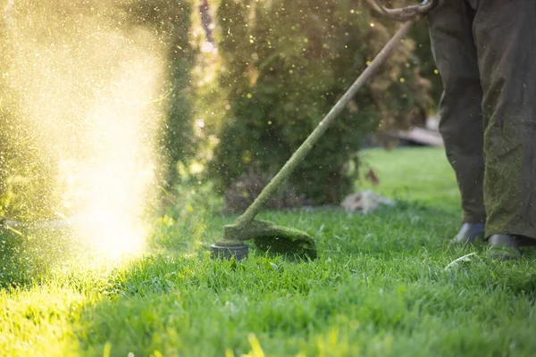 Memotong Rumput Dengan Pemotong Rumput Latar Belakang Konsep Pekerjaan Kebun — Stok Foto