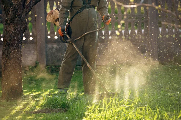 Klipper Gräset Med Gräsklippare Trädgårdsarbete Bakgrund — Stockfoto