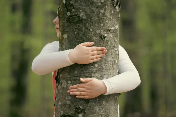 Kid Hans Embracing Tree Trunk Embracing Protecting Nature Concept — Stock Photo, Image