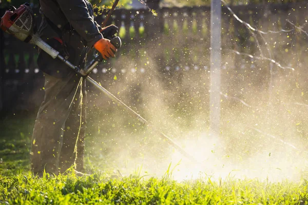 Cortar Relva Com Cortador Relva Jardim Trabalho Fundo Conceito — Fotografia de Stock