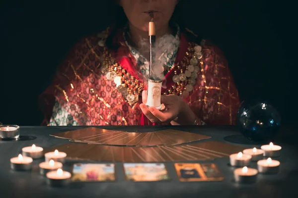 Fortune Teller Tarot Cards Table Burning Candles Tarot Cards Spread — Stock Photo, Image