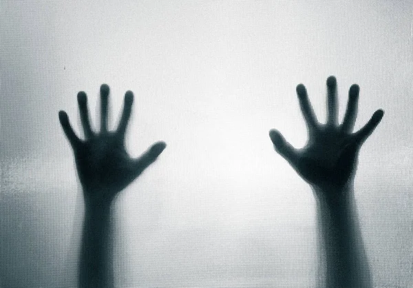 Horror Halloween Background Shadowy Figure Hands Glass — Stock Photo, Image