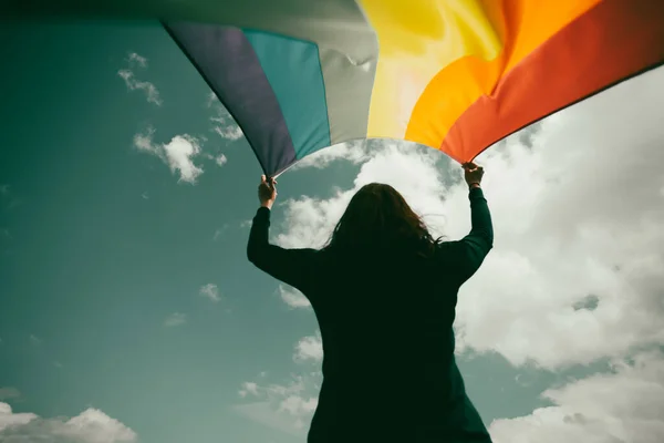 ゲイの虹の旗を持つ緑の草原に座っている女性 バイセクシャル レズビアン 性転換記号 同性カップルのための幸福 自由と愛の概念 — ストック写真