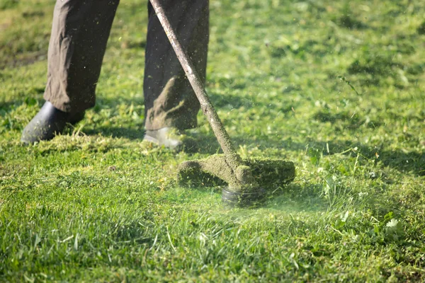 Het Gras Maaien Met Een Grasmaaier Tuinwerk Concept Achtergrond — Stockfoto