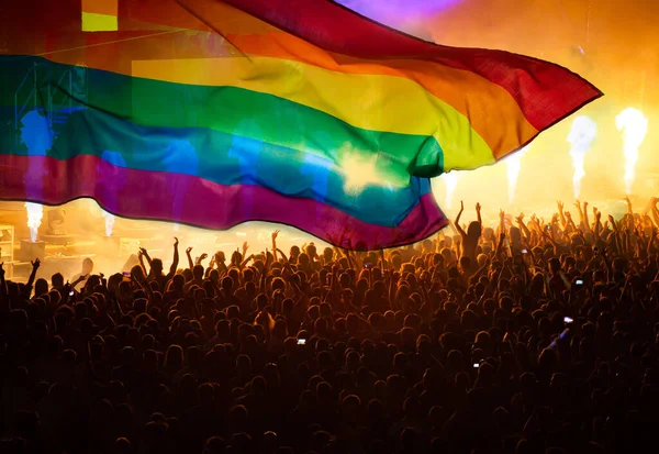 Pride Community Parade Hands Raised Lgbt Flag Symbol Love Tolerance — Stock Photo, Image