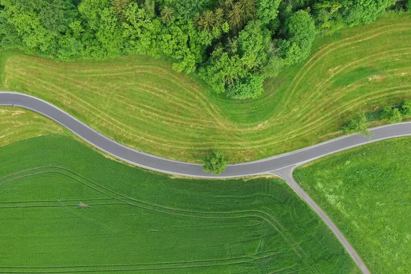 Luftaufnahme Einer Landstraße Die Durch Die Grünen Felder Führt — Stockfoto