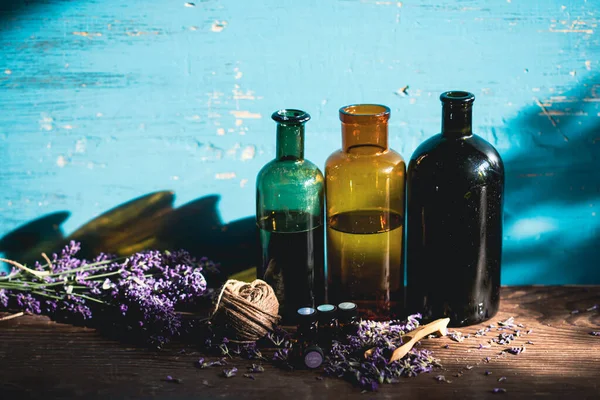 Glass Bottle Lavender Essential Oil Fresh Lavender Flowers Wooden Rustic — Stock Photo, Image