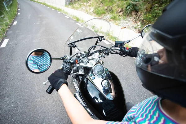 Biker Girl Motorcycle Summer Forest Road Travel Sport Speed Freedom — Stock Photo, Image