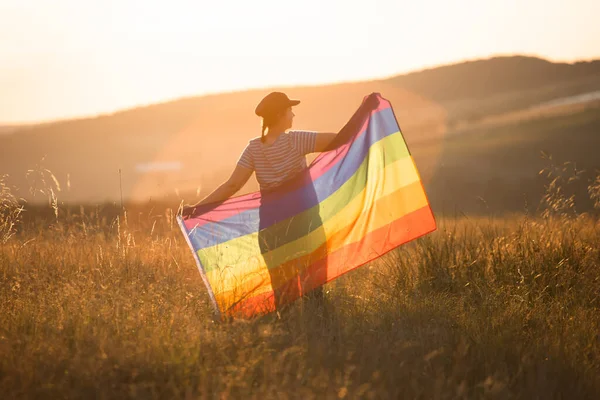 Woman Holding Gay Rainbow Flag Magic Sunset Happiness Freedom Love — 스톡 사진