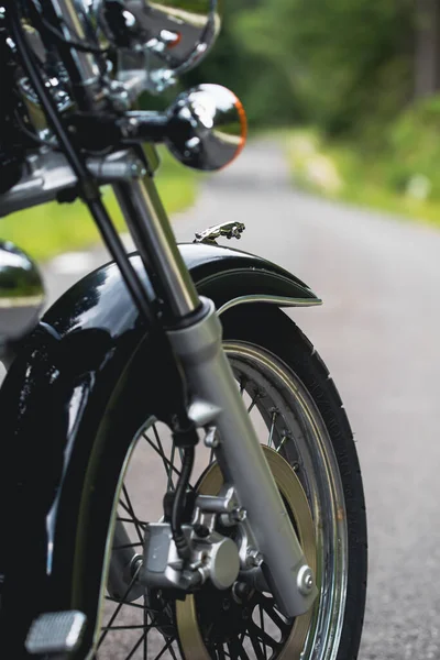 Motorcycle Detail Closeup Front Fork Wheel Travel Sport Speed Freedom — ストック写真