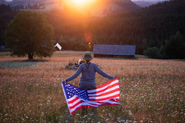 Young Woman Holding American Usa Flag Sunset Independence Day Traveling —  Fotos de Stock