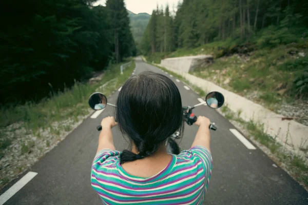 Biker Girl Motorcycle Summer Forest Road Travel Sport Speed Freedom — Stock Photo, Image