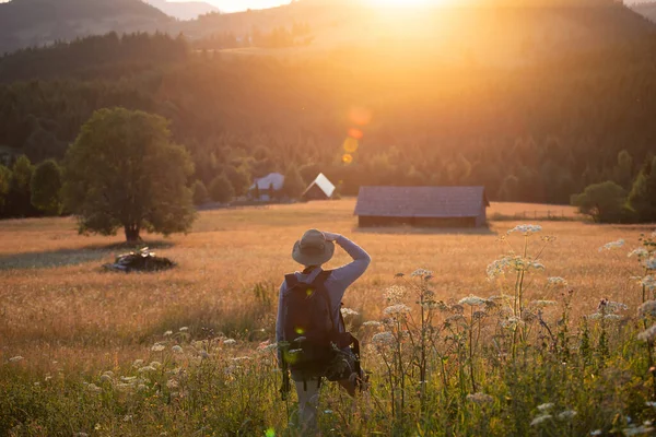 Female Hiker Summer Meadow Looking Magic Sunset Hills Relaxation Nature — 图库照片