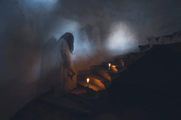 Ghost Abandoned Haunted House Horror Scene Scary Spirit Woman Halloween — Foto de Stock