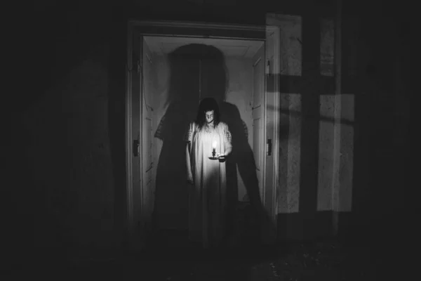 Ghost Abandoned Haunted House Horror Scene Scary Spirit Woman Halloween — Stock Fotó