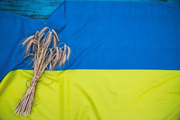 Урожай Зерна Украинский Флаг Колосья Пшеницы Ржи Овса Символ Экспорта — стоковое фото