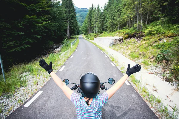 Biker Girl Motorcycle Summer Forest Road Travel Sport Speed Freedom — Stock Photo, Image