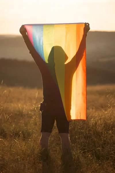 Man Holding Gay Rainbow Flag Happiness Freedom Love Concept Same — Photo
