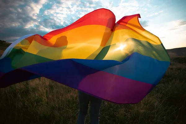 Woman Holding Gay Rainbow Flag Happiness Freedom Love Concept Same — Fotografia de Stock