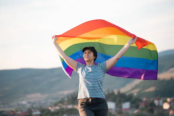 Woman Holding Gay Rainbow Flag Happiness Freedom Love Concept Same — Stock fotografie