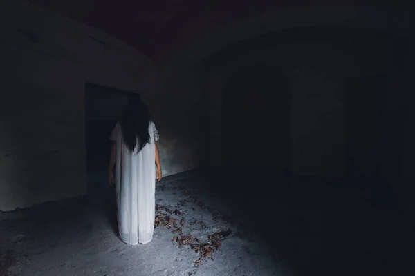 Ghost Abandoned Haunted House Horror Scene Scary Spirit Woman Halloween — Stock Photo, Image