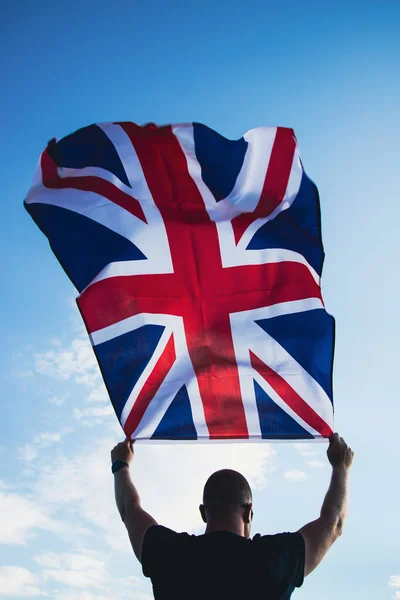 Flag England Waving Hands Man Blue Sky View Back Great — Zdjęcie stockowe