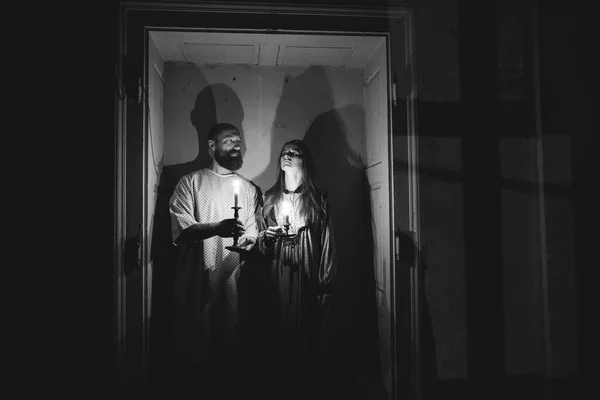 Ghosts Abandoned Haunted House Horror Scene Scary Spirit Couple Halloween — Foto Stock