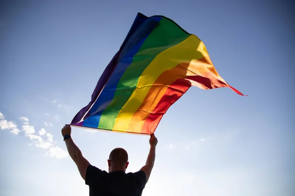 Man Holding Gay Rainbow Flag Happiness Freedom Love Concept Same — Foto de Stock