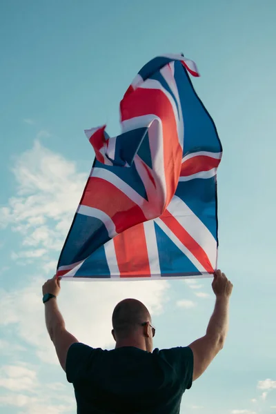 Flag England Waving Hands Man Blue Sky View Back Great — Zdjęcie stockowe