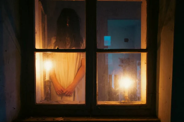 Ghost Abandoned Haunted House Horror Scene Scary Spirit Woman Halloween — Stock Photo, Image